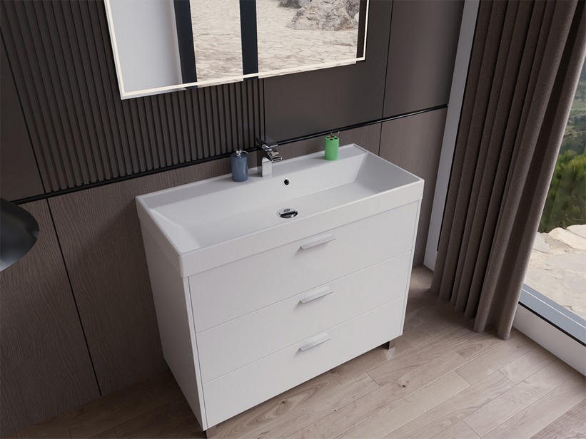 Lomadox Mobile Bagno Completo Con Lavabo, Bianco Lucido, 94 Cm, Armadio A Specchio 3D Con LED E 3 Ante, Set Mobile + Specchio