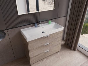 GARDENIA L100 CM FLOOR-STANDING BATHROOM CABINET WITH 3 DRAWERS AND RESIN UNITOP WASHBASIN - WALNUT FINISH