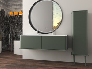 Meuble salle de bains ATLAS L144 cm suspendu avec 2 tiroirs et lavabo Unitop en résine - finition vert mat