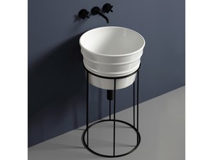 Meuble de salle de bains Bacile vasque blanc brillant et support en métal noir mat