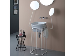 Mobile Bagno Bacile Qubo Lavabo Bianco Lucido con Anelli e Supporto Metallo Bianco Opaco