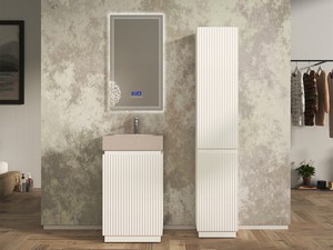 Meuble salle de bains FARO à poser 50 cm cannelé blanc mat et lavabo Unitop en HPL Quartzite clair