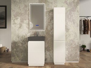 Meuble salle de bains FARO à poser 50 cm cannelé blanc mat et lavabo Unitop en HPL Quartzite foncé