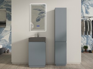 Meuble salle de bains FARO à poser 50 cm cannelé bleu mat et lavabo Unitop en HPL Quartzite foncé