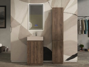 Meuble salle de bains FARO à poser 50 cm cannelé noyer mat et lavabo Unitop en HPL Quartzite clair
