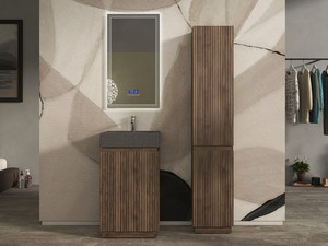 Meuble salle de bains FARO à poser 50 cm cannelé noyer mat et lavabo Unitop en HPL Quartzite foncé