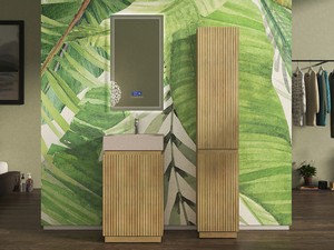 Meuble salle de bains à poser FARO 50 cm cannelé chêne tabac et lavabo Unitop en HPL quartzite claire