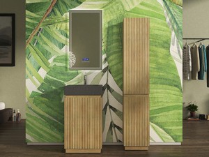 Meuble salle de bains FARO à poser 50 cm cannelé chêne tabac et lavabo Unitop en HPL Quartzite foncé