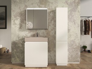 Meuble salle de bains FARO à poser 70 cm cannelé blanc mat et lavabo Unitop en HPL quartzite clair