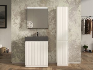 Meuble salle de bains FARO à poser 70 cm cannelé blanc mat et lavabo Unitop en HPL quartzite foncé