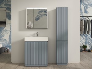 Meuble salle de bains FARO à poser 70 cm cannelé bleu mat et lavabo Unitop en résine blanc mat