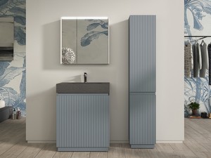 Meuble salle de bains FARO à poser 70 cm cannelé bleu mat et lavabo Unitop en HPL quartzite foncé