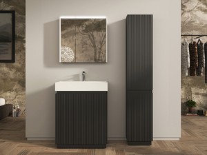 Meuble salle de bains FARO à poser 70 cm cannelé noir mat et lavabo Unitop en résine blanc mat