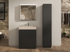 Meuble salle de bains FARO à poser 70 cm cannelé noir mat et lavabo Unitop en HPL quartzite clair