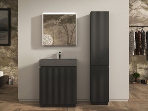 Meuble salle de bains FARO à poser 70 cm cannelé noir mat et lavabo Unitop en HPL quartzite foncé