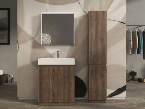 Meuble salle de bains FARO à poser 70 cm cannelé noyer mat et lavabo Unitop en résine blanc mat