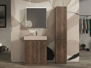 Meuble salle de bains FARO à poser 70 cm cannelé noyer mat et lavabo Unitop en HPL quartzite clair