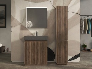 Meuble salle de bains FARO à poser 70 cm cannelé noyer mat et lavabo Unitop en HPL quartzite foncé