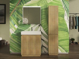 Meuble salle de bains FARO à poser 70 cm cannelé chêne tabac et lavabo Unitop en résine blanc mat