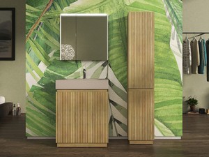 Meuble salle de bains FARO à poser 70 cm cannelé chêne tabac et lavabo Unitop en HPL quartzite clair