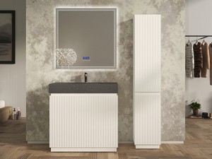 Meuble salle de bains FARO 90 cm à poser cannelé blanc mat et lavabo Unitop en HPL quartzite foncé