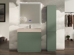 Meuble salle de bains FARO 90 cm à poser cannelé vert mat et lavabo Unitop en HPL quartzite clair