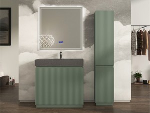 Meuble salle de bains FARO 90 cm à poser cannelé vert mat et lavabo Unitop en HPL quartzite foncé
