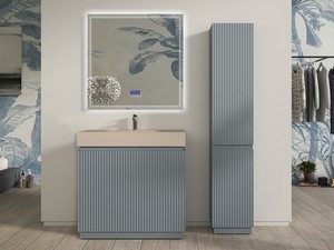 Meuble salle de bains FARO 90 cm à poser cannelé bleu mat et lavabo Unitop en HPL quartzite clair