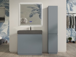 Meuble salle de bains FARO 90 cm à poser cannelé bleu mat et lavabo Unitop en HPL quartzite foncé
