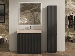 Meuble salle de bains FARO 90 cm à poser cannelé noir mat et lavabo Unitop en HPL quartzite clair