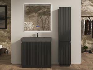 Meuble salle de bains FARO 90 cm à poser cannelé noir mat et lavabo Unitop en HPL quartzite foncé