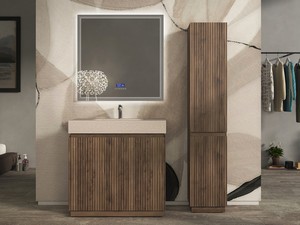 Meuble salle de bains FARO 90 cm à poser cannelé noyer mat et lavabo Unitop en HPL quartzite clair