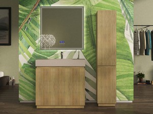 Meuble salle de bains FARO 90 cm à poser cannelé chêne tabac et lavabo Unitop en HPL quartzite clair