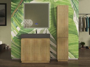 Meuble salle de bains FARO 90 cm à poser cannelé chêne tabac et lavabo Unitop en HPL quartzite foncé