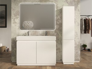 Meuble salle de bains FARO 120 cm à poser cannelé blanc mat et lavabo Unitop en résine blanc mat