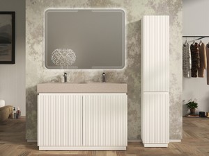 Meuble salle de bains FARO 120 cm à poser cannelé blanc mat et lavabo Unitop en HPL quartzite clair