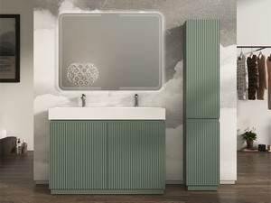 Meuble salle de bains FARO 120 cm à poser cannelé vert mat et lavabo Unitop en résine blanc mat