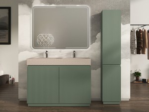Meuble salle de bains FARO 120 cm à poser cannelé vert mat et lavabo Unitop en HPL quartzite clair