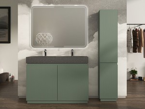 Meuble salle de bains FARO 120 cm à poser cannelé vert mat et lavabo Unitop en HPL quartzite foncé