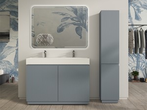 Meuble salle de bains FARO 120 cm à poser cannelé bleu mat et lavabo Unitop en résine blanc mat