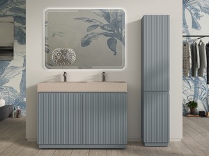 Meuble salle de bains FARO 120 cm à poser cannelé bleu mat et lavabo Unitop en HPL quartzite clair