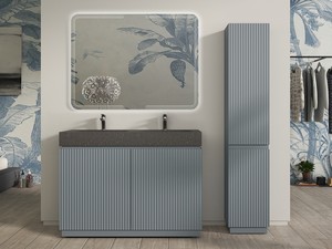 Meuble salle de bains FARO 120 cm à poser cannelé bleu mat et lavabo Unitop en HPL quartzite foncé