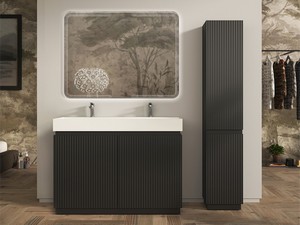 Meuble salle de bains FARO 120 cm à poser cannelé noir mat et lavabo Unitop en résine blanc mat