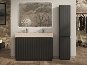 Meuble salle de bains FARO 120 cm à poser cannelé noir mat et lavabo Unitop en HPL quartzite clair