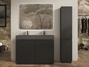 Meuble salle de bains FARO 120 cm à poser cannelé noir mat et lavabo Unitop en HPL quartzite foncé