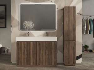 Meuble salle de bains FARO 120 cm à poser cannelé noyer mat et lavabo Unitop en résine blanc mat