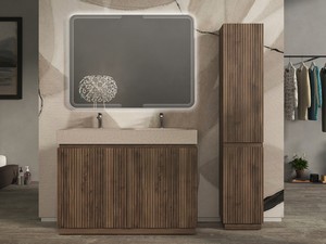 Meuble salle de bains FARO 120 cm à poser cannelé noyer mat et lavabo Unitop en HPL quartzite clair