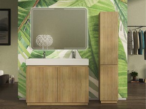 Meuble salle de bains FARO 120 cm à poser cannelé chêne tabac et lavabo Unitop en résine blanc mat