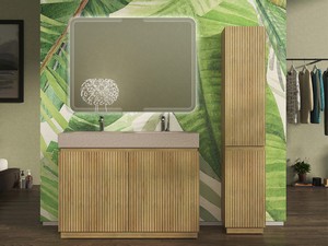 Meuble salle de bains FARO 120 cm à poser cannelé chêne tabac et lavabo Unitop en HPL quartzite clair