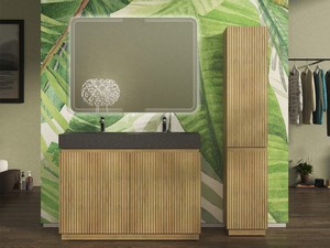 Meuble salle de bains FARO 120 cm à poser cannelé chêne tabac et lavabo Unitop en HPL quartzite foncé